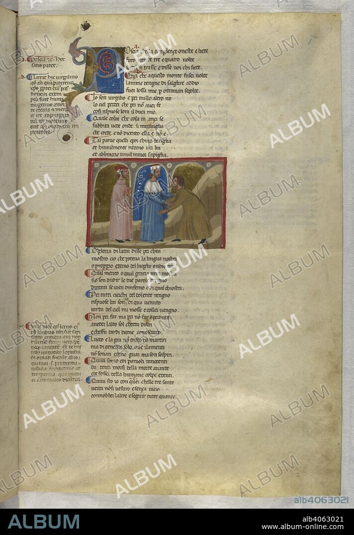 Purgatorio: Sordello bows to Virgil, the great poet. Dante Alighieri, Divina Commedia ( The Divine Comedy ), with a commentary in Latin. 1st half of the 14th century. Source: Egerton 943, f.74. Language: Italian, Latin.