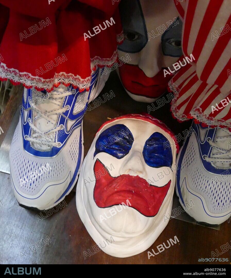 Mask painted to look similar the clown makeup worn by John Wayne Gacy. John Wayne Gacy Jr. (1942-1994) an American serial killer and rapist during the 1970s.
