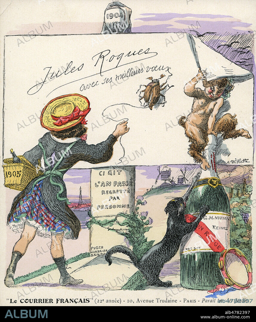 'Jules Roques, avec ses meilleurs voeux'. Carte de voeux de 1905 de Jules ROQUES (1850-1909) fondateur du Courrier Francais). Illustration apar A. WILLETTE (1857-1926). Credit : Collection IM/KHARBINE-TAPABOR.