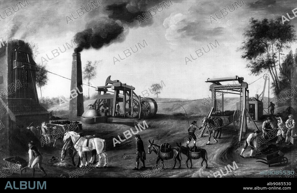 A pit head c.1820 - pit head of a coalmine with steam winding gear - anonymous British artist - although rarely done and clumsy some Newcomen engines were made rotative at the end of the nighteenth century and adapted to winding from shallow pits. Oil on canvas in The Walker Art Gallery, Liverpool.. ©TopFoto.