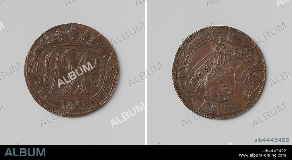 Jhr. E. Meyster, initiator of the drafting of the large boulder found in the city of Amersfoort in the Pisberg, Copper Medal. Front: crowned monogram above pennant with lettering. Reverse: statue of Minerva, standing on the big stone, inscription on a pennant in the background, Pisberg [BT: Amersfoort], Jonkheer Everard Meyster, anonymous, Netherlands, 1664, copper (metal), striking (metalworking), d 3.4 cm × w 9.22 gr.