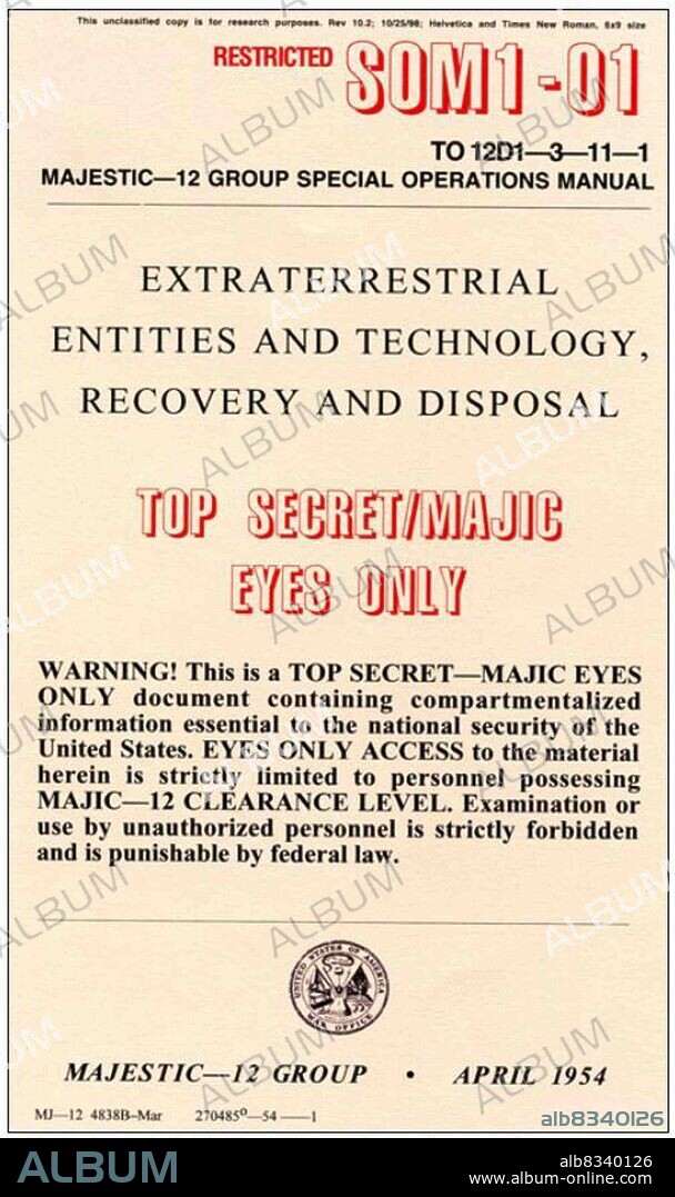 SOM1-01, a top-secret Special Operations Manual detailing government protocols for recovering extra-terrestrial UFOs that have crashed on Earth. 1965.