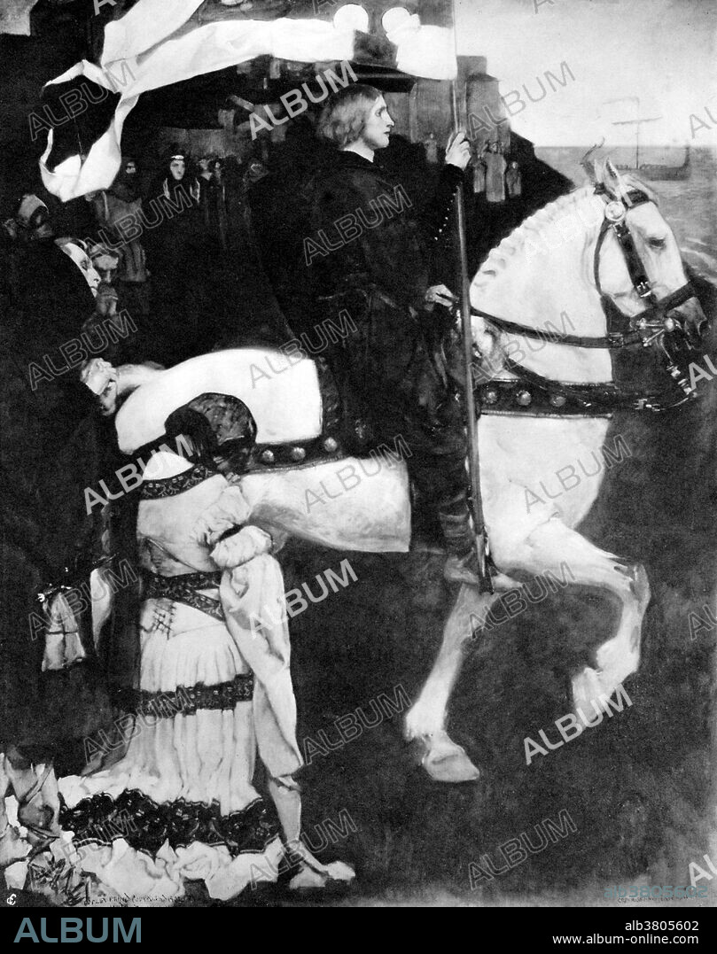 Mural depicting Sir Galahad on horseback, carrying a flag. Sir Galahad, in Arthurian legend, is a knight of King Arthur's Round Table and one of the three achievers of the Holy Grail. He is the illegitimate son of Lancelot and Elaine of Corbenic, and is renowned for his gallantry and purity. All of the Knights of the Round Table set out to find the Grail. Galahad for the most part travels alone, smiting his enemies, rescuing Sir Percival from twenty knights and saving maidens in distress. After many adventures, Sir Galahad presents himself at the court of King Pelles and Eliazar, his son. These men are very holy and they bring Galahad into a room where he is finally allowed to see the Holy Grail. Galahad is asked to take the vessel to the holy city of Sarras. After seeing the grail, Galahad makes request that he may die at the time of his choosing. He is visited by Joseph of Arimathea, and thus experiences such glorious rapture that he makes his request to die. Angels take Galahad to heaven; an ascension witnessed by Sir Bors and Perceval. While it is not explicit that The Holy Grail is never to be seen again on earth, it is stated (in Le Morte D'Arthur) that there has since then been no knight capable of obtaining the Sangraal. Mural created by Edwin Austin Abbey, 1902.