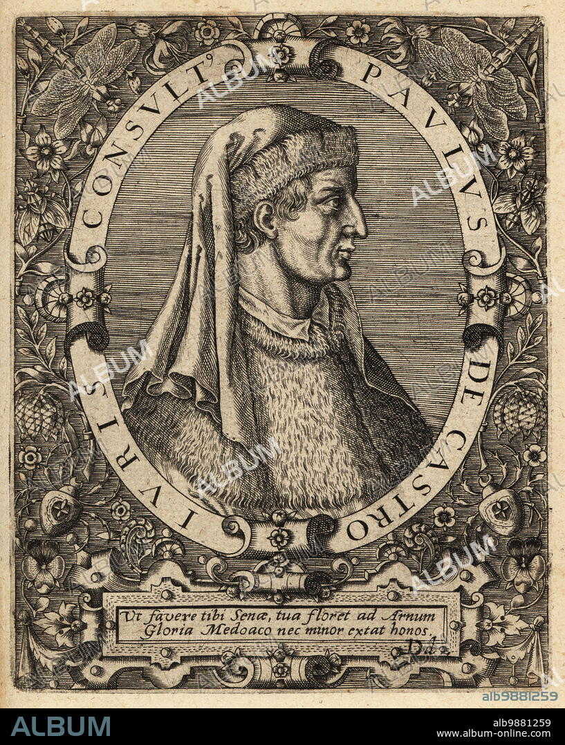 Paulus Castrensis, Pauli di Castro, or Paolo Castrense, 1360-1441, Italian jurist, studied under Baldus de Ubaldis. Paulus de Castro Iuris Consult. Copperplate engraving by Johann Theodore de Bry from Jean-Jacques Boissards Bibliotheca Chalcographica, Johann Ammonius, Frankfurt, 1650.