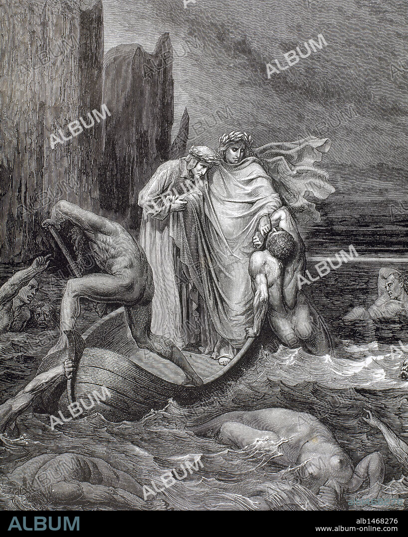 PAUL GUSTAVE DORÉ (basado en). "LA DIVINA COMEDIA". Poema escrito en toscano donde se relata el viaje de su autor, DANTE ALIGHIERI, para llegar a la CONTEMPLACION DIVINA. "POR LO QUE EL PRUDENTE MAESTRO LE DETUVO, RECHAZANDOLE" (Infierno, c. VIII). Grabado de Gustavo DORE.