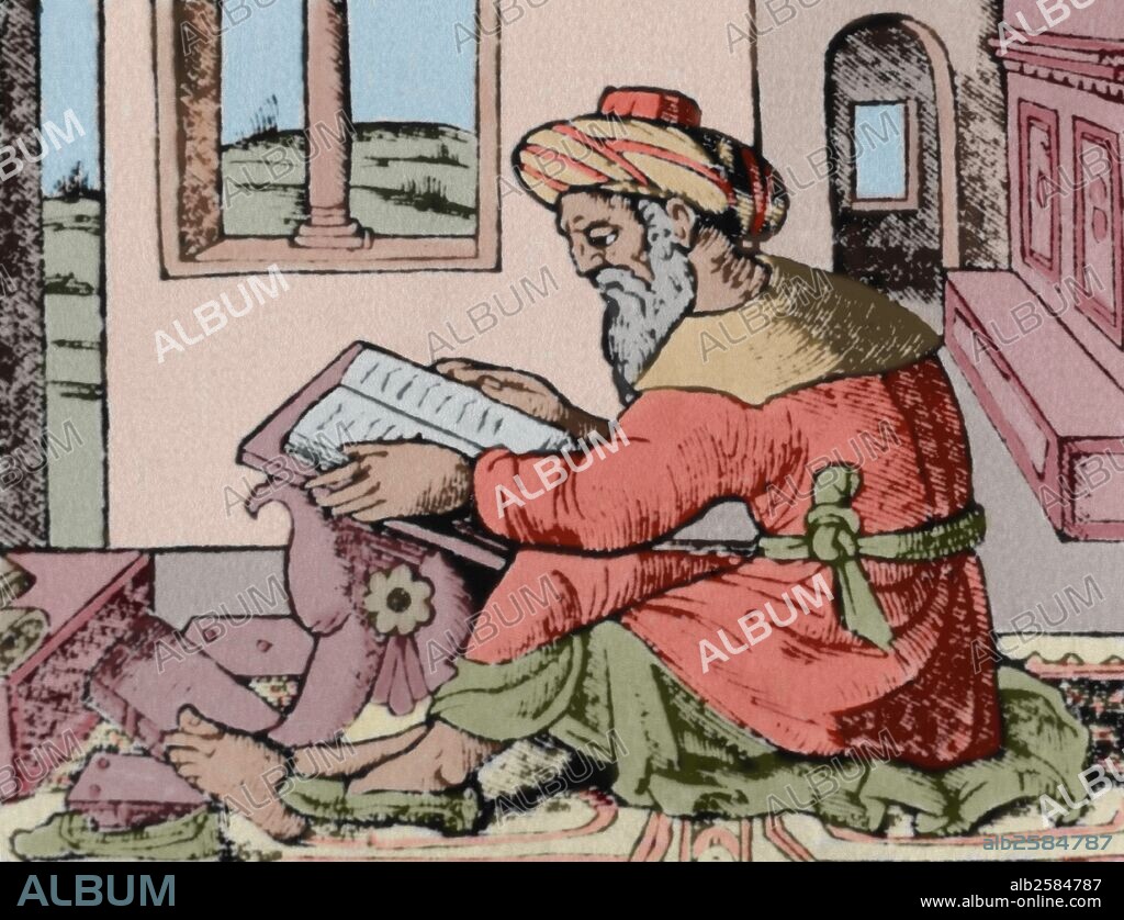 AVERROES (Abu al-Walid Muhammad ibn Rusd, llamado) (Córdoba,1126-Marrakech,1198). Filósofo hispanoárabe del período almohade. Su obra racionalista expresa que la moral debe basarse en la razón. "AVERROES EN SU ESTUDIO". Grabado coloreado de la portada del libro "Colliget Venetis" (1530) .