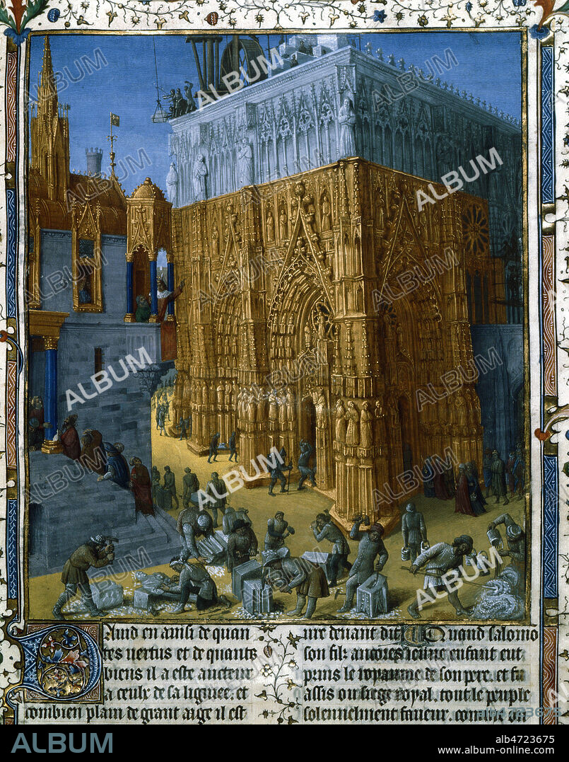 Construction du Temple de Jerusalem par le roi Salomon, 15eme siecle. Salomon dirige le chantier de son balcon. Le temple a une architecture gothique, tailleurs de pierrre et macons s'activent . Miniature medievale in manuscrit du 15eme siecle "Les antiquities Judaiques" de Flavius Josephus (c37-c100). Manuscrit conserv a la B N . Credit KHARBINE TAPABOR.