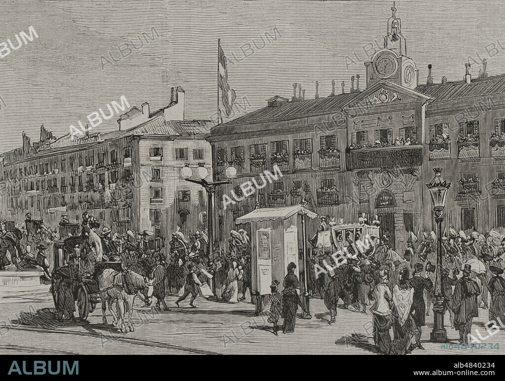 ALEJANDRO FERRANT Y FISCHERMANS (1843-1917). SPANISH ARTIST.. Historia de España. Madrid. Apertura de las Cortes Españolas el 15 de febrero de 1878. Trayecto de los Reyes con dirección al Palacio del Congreso. Paso de la comitiva real por la Puerta del Sol. Dibujo del natural por Ferrant. Grabado. La Ilustración Española y Americana, 1878.