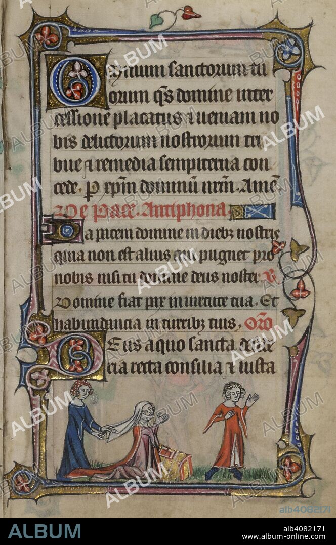 Bas-de-page scene a veiled and wimpled woman kneeling at a prie-dieu with a closed book, a maid with plaits holds her veil, while a young man in fashionable dress walks away. Book of Hours, Use of Sarum ('The Taymouth Hours'). England, S. E.? (London?); 2nd quarter of the 14th century. Source: Yates Thompson 13, f.88. Language: Latin and French.
