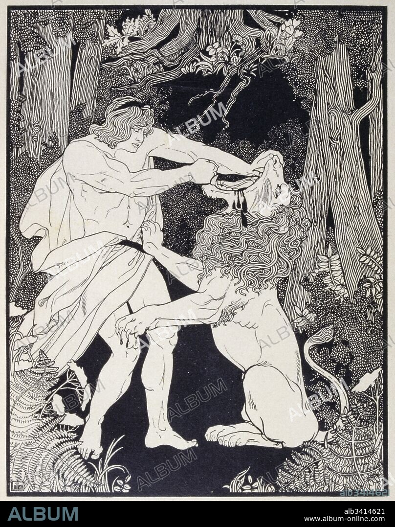 Drawing of Samson fighting a lion. By Ephraim Moses Lilien (1874–1925)  an art nouveau illustrator and printmaker particularly noted for his art on Jewish themes. He is sometimes called the 'first Zionist artist.