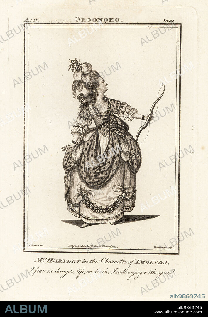 Mrs Elizabeth Hartley in the character of Imoinda in Thomas Southernes Oroonoko. However, she did not play this role before this engraving was published. Elizabeth Hartley was a famous actor on the London stage and scandalous figure, 1750?1824. Copperplate engraving by J. Thornthwaite after an illustration by James Roberts from Bells British Theatre, Consisting of the most esteemed English Plays, John Bell, London, 1777.