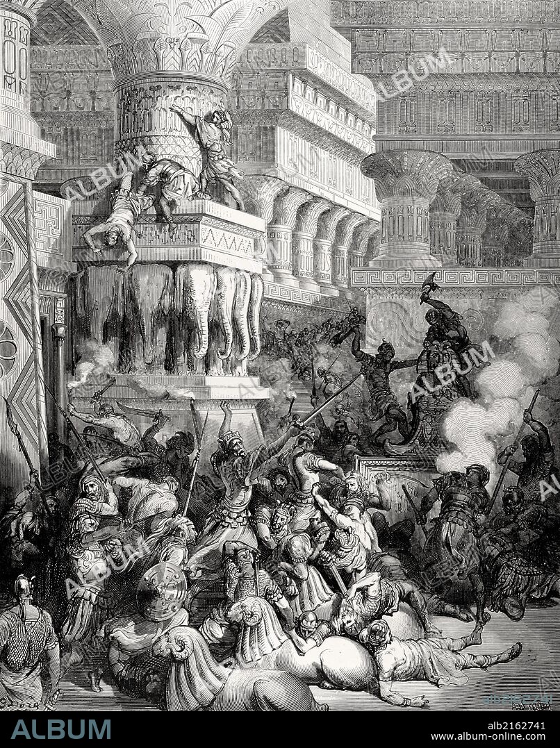 ANTIGUO TESTAMENTO. "JONATAS DESTRUYE EL TEMPLO DE DAGON". Macabeos, Libro I, Cap. X. Vers. 83-89. Dibujo de G. Doré. Grabado de Ligny.