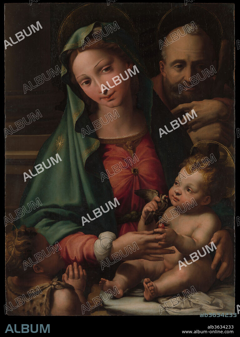 The Holy Family with the Infant Saint John the Baptist. Artist: Perino del Vaga (Pietro Buonaccorsi) (Italian, Florence 1501-1547 Rome). Dimensions: 34 3/4 x 25 5/8 in. (88.3 x 65.1 cm). Date: ca. 1524-26.

Florentine by birth, Perino was trained in Raphael's workshop in Rome, where he soon became one of the most inventive artists of his generation. This is a rare devotional painting by him. It includes traditional symbols such as the goldfinch (symbolic of the Resurrection), but also more unusual details, especially a young Saint John who is crowned with grape leaves and wears a leopard skin, usually associated with the god Bacchus--a mingling of pagan and Christian iconography. The exquisite depiction of the infant Christ shows the care with which Perino approached this panel.
