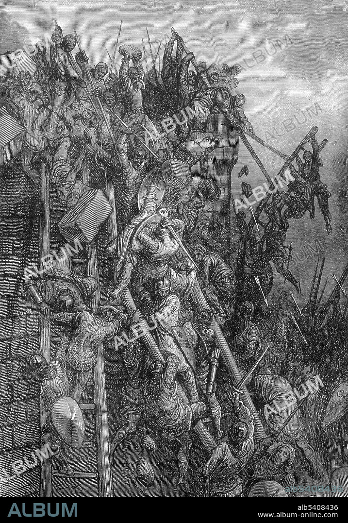 The army of Count Emicho attacks Mersbourg (Wieselburg, Moson). The Rhineland massacres were a series of mass murders of Jews perpetrated by mobs of German Christians of the People's Crusade in the year 1096. Some scholars consider the massacres to be the earliest known incident of antisemitism. The largest of these crusades, and the most involved in attacking Jews, was that led by Count Emicho. Setting off in the early summer of 1096, an army of around 10,000 men, women and children proceeded through the Rhine valley, towards the Main River and then to the Danube. Gustave Doré, undated (cropped and cleaned).