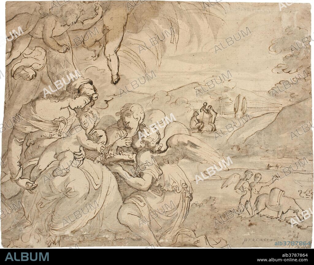 ANÓNIMO. Anónimo / 'Descanso en la Huida a Egipto / Muerte de Germánico'. Finales del siglo XVIII. Aguada agrisada, Lápiz negro, Pluma sobre papel agarbanzado, 184 x 233 mm.