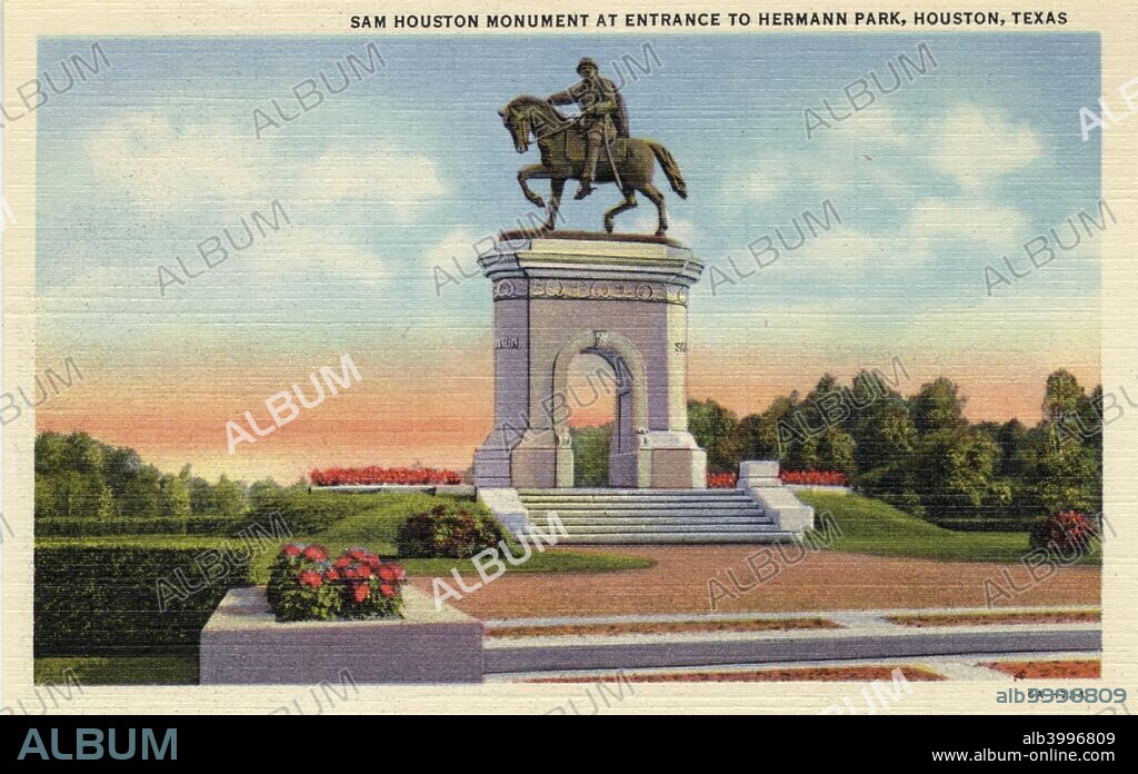 Sam Houston Monument at the entrance to Hermann Park, Houston, Texas, USA, 1936. Vintage postcard. Sam Houston (1793-1863) led the Texan army in its struggle for independence from Mexico in 1836 (Texas Revolution). After the defeat of the Mexican Army at the Battle of San Jacinto he was elected the first president of the Republic of Texas and after Texas joined the United States he went on to serve as a senator and as governor. The city of Houston, which was founded as a small settlement in 1836, is named after him. The monument shows Houston on horseback, pointing towards San Jacinto.