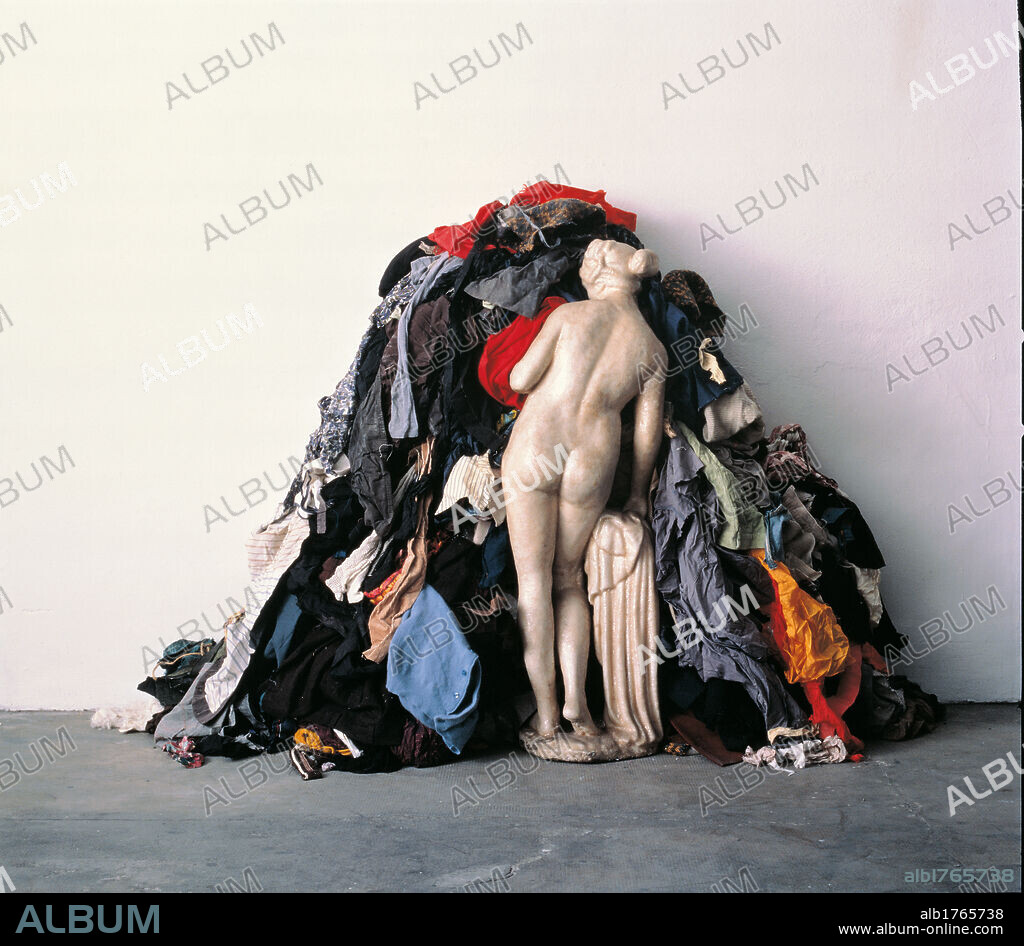 Venus of the Rags, by Michelangelo Pistoletto, 1967, 20th Century, concrete clad with mica, rags, cm 130 x 100 x 100. private collection. All. Classic statue Venus rags accumulation.  Please remember that author's rights have to be cleared for modern and contemporary works of arts.