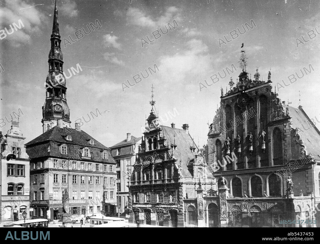 Landmark German Culture In Latvia -- The 12ol by Bishop Albert of Bremen in the colonization of Eastern gegrundete Riga still contains beautiful landmark from the time of Rister ordens and the Manse, the Riga heard since 1282 is. U. B. Shows in wood, later built in stone in 1209 St. Peter's Church with 140m Renaissancetnrm (of highest timber tower of the Middle Ages and the House of the Blackheads (1330-1334) with the Roland in front of the City Hall Square. July 29, 1935.;Landmark German Cultur.