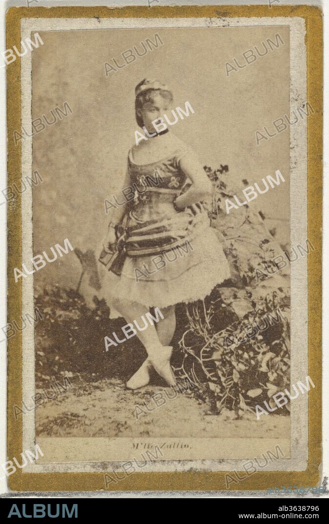 M'lle Zullio, from the Actresses and Celebrities series (N60, Type 2) promoting Little Beauties Cigarettes for Allen & Ginter brand tobacco products. Dimensions: Sheet: 2 3/8 × 1 1/2 in. (6 × 3.8 cm). Publisher: Issued by Allen & Ginter (American, Richmond, Virginia). Date: 1887.
Trade cards from the "Actresses and Celebrities" series (N60), issued in 1887 to promote Little Beauties Cigarettes distributed by Allen & Ginter. There are two types of cards in the set. Type 1 cards have the brand name printed on front and Type 2 cards do not.