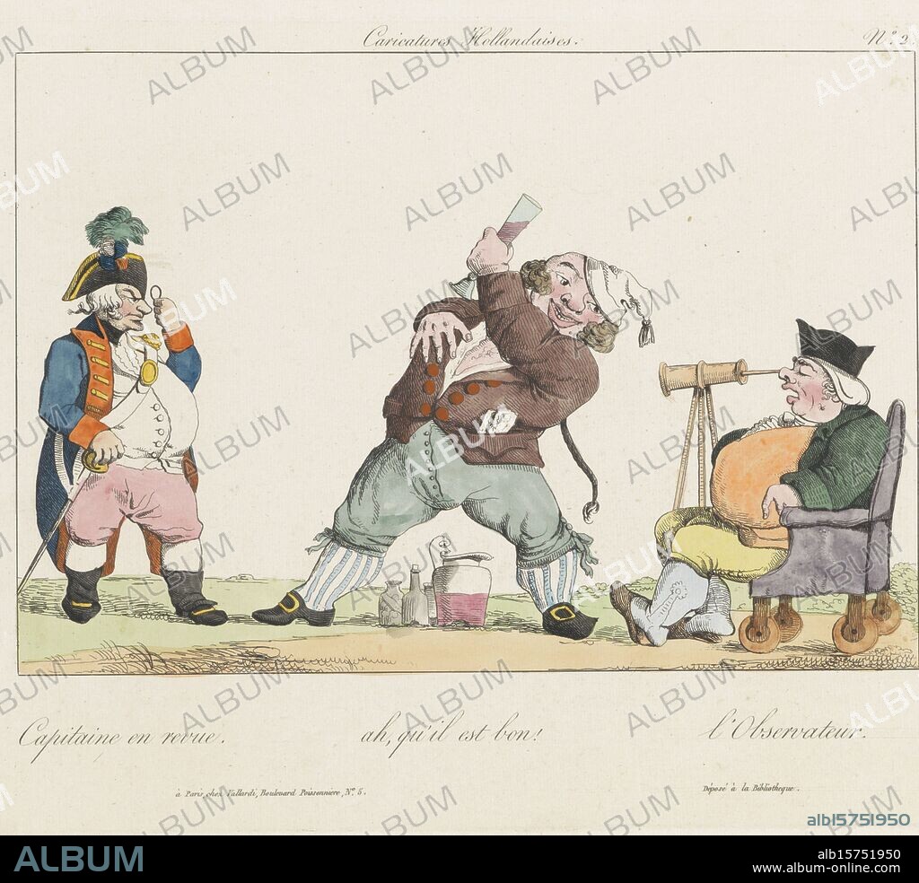 Cartoon on the Dutch (no. 2), 1795, 1814, Caricatures Hollandaises (series title on object), Three figures: on the left an inspecting captain, in the center a standing drinking man, on the right a sleeping man behind a telescope in a wheelchair. Part of a series of four French copies from 1814 of English cartoons from 1795 on the Dutch, who would rather smoke and drink than defend the national interest., print, print maker: anonymous, publisher: Vallardi, (mentioned on object), after print by: anonymous, print maker: France, publisher: Paris, 1814, paper, etching, height, 269 mm × width, 323 mm.