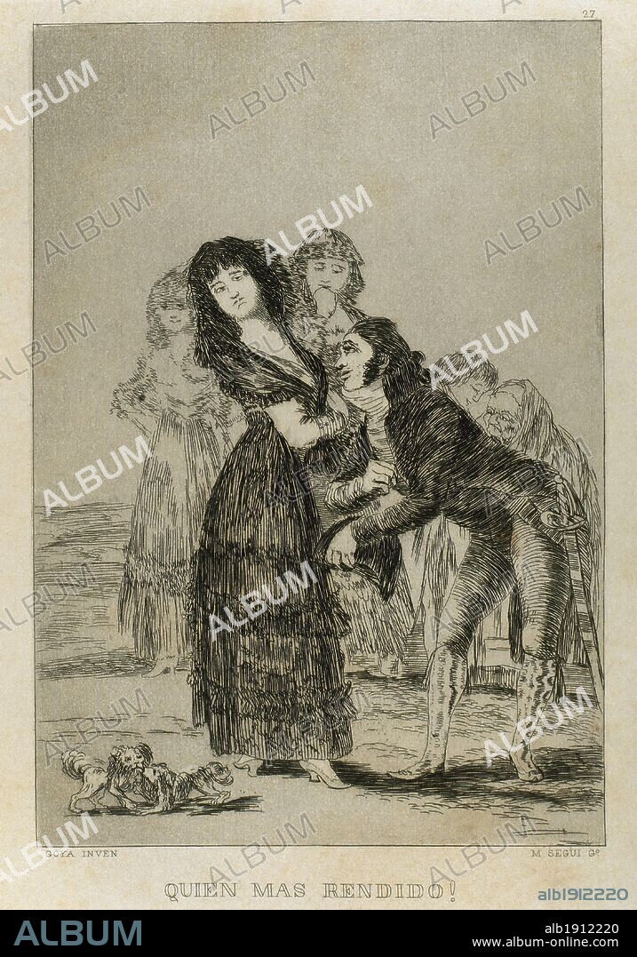 FRANCISCO DE GOYA. ARTE S. XVIII. ESPAÑA. GOYA, Francisco (Fuendetodos, 1746-Burdeos, 1828). Pintor y grabador español. "QUIEN MAS RENDIDO! ". Aguafuerte que perteneece a la colección de 84 grabados titulada "CAPRICHOS" de temática satírico-fantasmagórica, editados en el año 1799. Reproducción de M. Seguí i Riera.