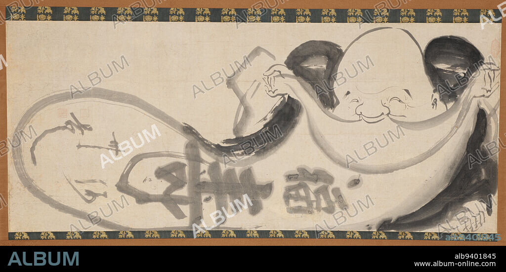 Budai Opening His Sack, mid 18th century, Hakuin Ekaku, Japanese, 1685 - 1769, 21 3/4 × 50 15/16 in. (55.25 × 129.38 cm) (image)59 × 53 1/2 in. (149.86 × 135.89 cm) (without roller), Ink on paper, Japan, 18th century, Hakuin Ekaku (16851769), a Zen priest and prolific amateur painter, is credited with reviving the Rinzai sect of Japanese Zen Buddhism after a long period of decline. Hakuin focused on meditation and paradoxical anecdotes or dialogues called kan, the contemplation of which may lead to spontaneous awakening. Hakuins bold, sometimes humorous, and altogether unprecedented paintings were an important vehicle for his teachings, which spread far beyond the monasteries and captured the minds of laypeople. This painting represents one of Hakuins unique and humorous takes on the popular Buddhist figure called Budai, an eccentric wandering monk who is nearly always shown carrying a large cloth sack that holds all of his belongings. Here, he holds the big cloth sack open for us, begging us to peer inside. An inscription, brushed sideways on the sack, reads, 'Life and happiness are as endless as the sea.