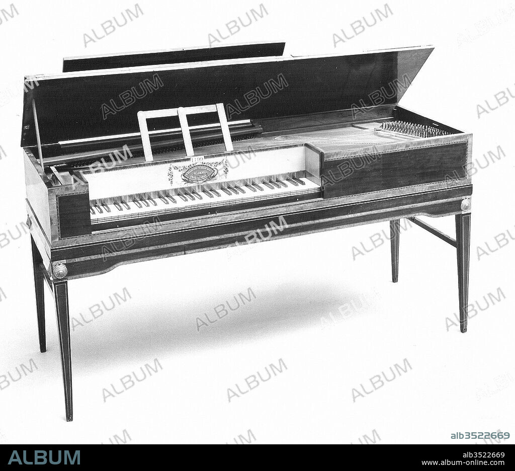 Square Piano, 1791–1798, Philadelphia, Pennsylvania, United States, American, Mahogany veneered case, nameboard veneer of lighter colored wood, brass decorative medallions on upper corners of legs, ivory natural and ebony accidental keys, Case length (perpendicular to keyboard): 56.5 cm (22-1/4 in.), Width parallel to keyboard: 159.5 cm (62-15/16 in.), Case Depth not including stand, w/o lid: 23.6 cm (9-5/16 in.), Total Height: 81 cm(31-7/8 in.), 3-octave span: 48.2 cm (18-15/16 in.), String length: longest: 138.5 cm (54-9/16 in.), shortest: 11 cm (4-5/16 in.); c2: 29 cm(11-7/16 in.), Chordophone-Zither-struck-piano, Charles Albrecht (German, 1759/60–1848 Montgomery, Pennsylvania), Charles Albrecht, a German immigrant, was one of the earliest known piano makers in this country probably arrived in October of 1785 and is known to have been actively building instruments by 1791 in Philadelphia.