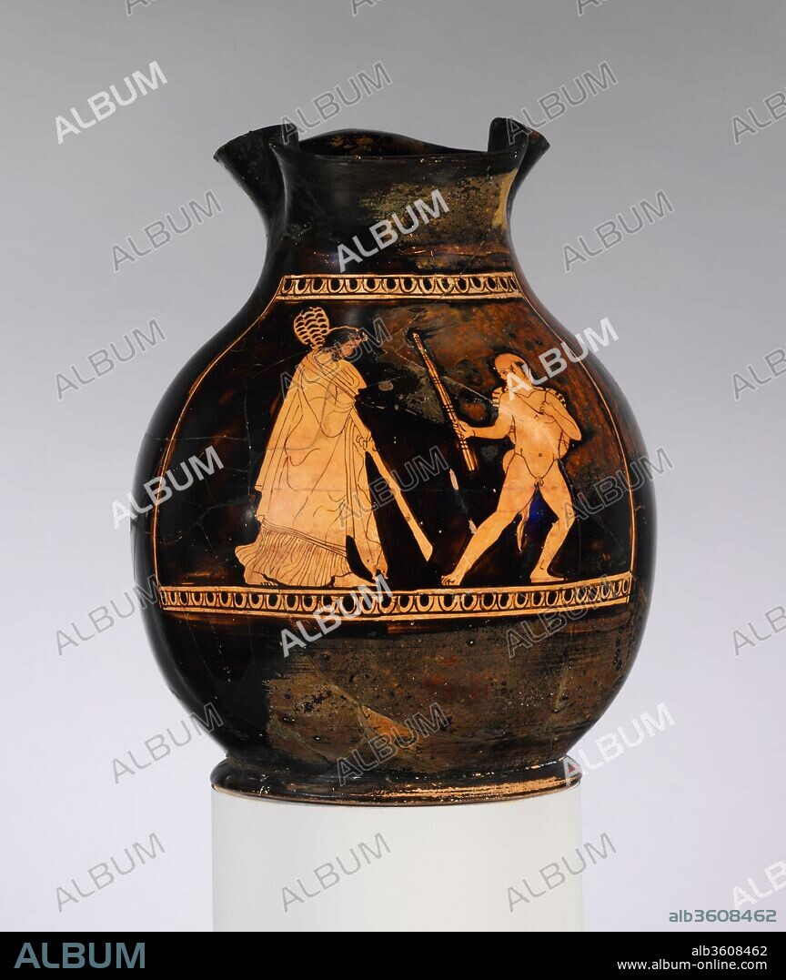 Terracotta oinochoe: chous (jug). Culture: Greek, Attic. Dimensions: H.: 8 7/8 in. (22.5 cm). Date: ca. 430-420 B.C..
Dionysos and a satyr
The artist has produced a noteworthy juxtaposition here between Dionysos, wholly wrapped in a chiton and himation, and the nude, balding satyr who brandishes a torch and carries a pack or sack on his back.