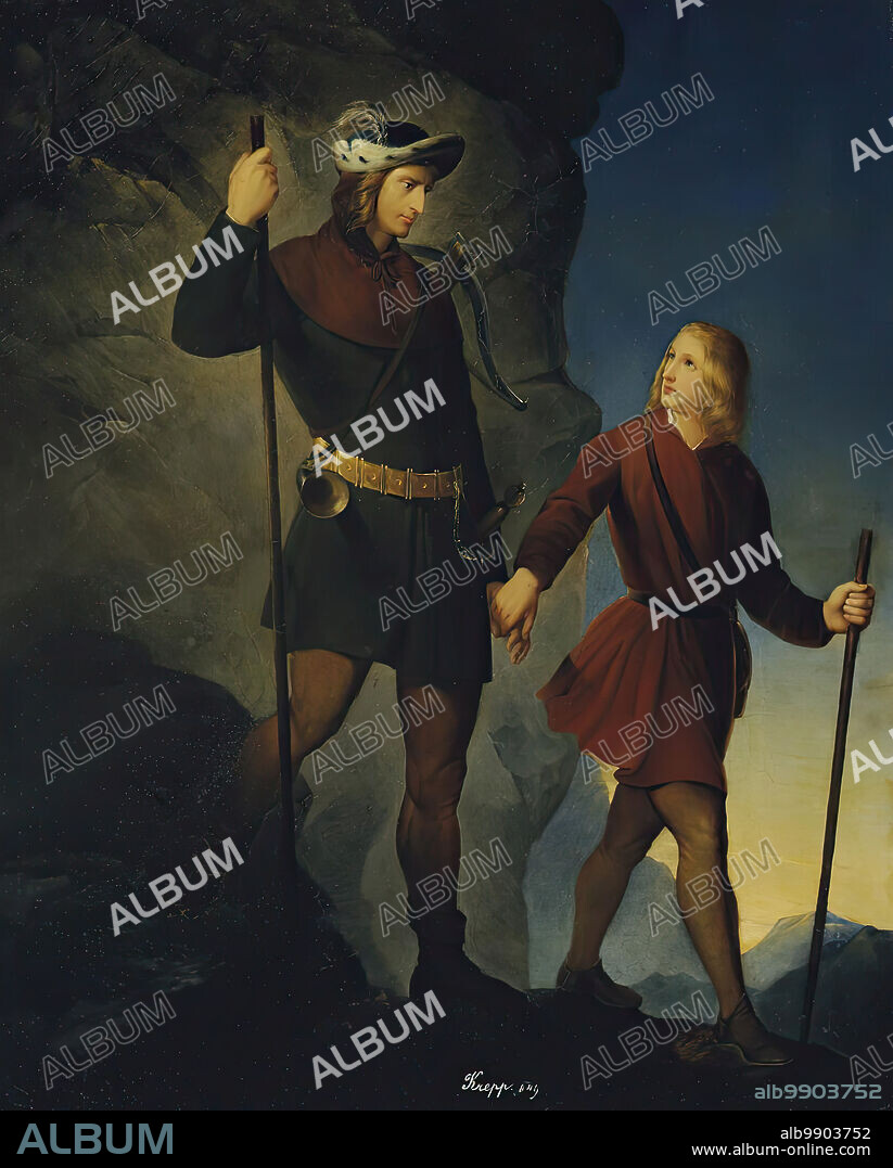 FRIEDRICH KREPP. The rescue of Emperor Maximilian I from the Martinswand, 1849. According to the Martinswand legend, the young Maximilian went to hunt chamois at Martinswand, a steep rock wall near Innsbruck, and found himself stuck for three days. A messenger of God or an angel, disguised as a young man in peasant's clothing, then appeared and led him to safely.