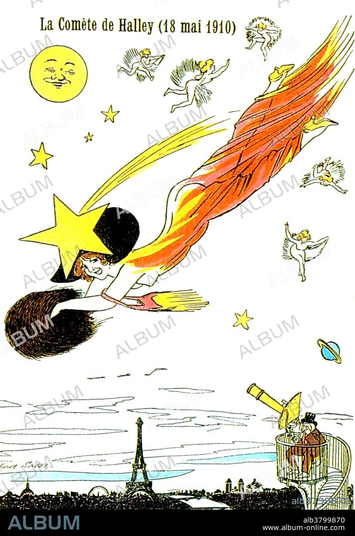 As the French put it, "On seeing the Comet, one realizes that it is nothing more than a pretty girl thrown from Paradise for seducing the eternal father." The 1910 approach of Halley's Comet, which came into naked-eye view around April 10 and came to perihelion on April 20, was notable for several reasons: it was the first approach of which photographs exist, and the first for which spectroscopic data were obtained. Furthermore, the comet made a relatively close approach of 0.15 AU, making it a spectacular sight. Indeed, on May 19, Earth actually passed through the tail of the comet. Halley's Comet is a short-period comet visible from Earth every 74-79 years. Halley is the only known short-period comet that is regularly visible to the naked eye from Earth, and the only naked-eye comet that might appear twice in a human lifetime. A postcard is a rectangular piece of thick paper or thin cardboard intended for writing and mailing without an envelope. Postcards were made because people were looking for an easier way to send quick notes.
