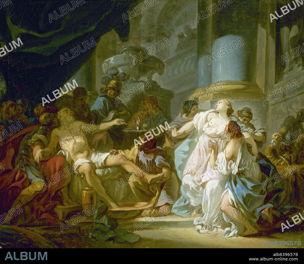 JACQUES LOUIS DAVID. La Mort de Sénèque, 1773. The Death of Seneca. The Roman philosopher Seneca, accused of having participated in a conspiracy against the Emperor Nero, was ordered to commit suicide. Seneca accepts the sentence and his wife, Pompeia Paulina, chooses to die with him. The spouses open their veins, but death is slow to come. Seneca then asks the servants to keep his wife away to prevent one from weakening at the sight of the sufferings of the other. A doctor cuts the philosopher's ankles so that the blood flows faster into a basin placed at his feet, and a slave presents a vial of poison on a plate. In the background, a centurion dispatched by Nero ensures the execution of the sentence. On the right, a disciple notes the last words of the Stoic philosopher, who gives, through his death, an example of the highest moral virtues in the face of tyranny. Pompeia will survive, spared by the emperor.