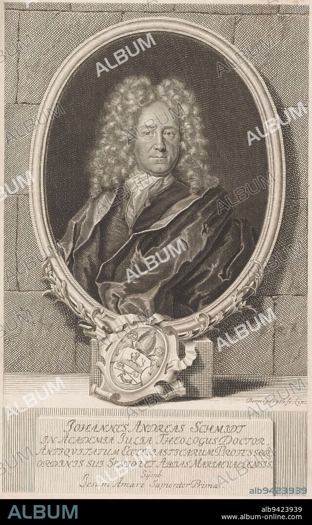 Portrait of Johann Andreas Schmidt, Martin Bernigeroth, after Tobias Laub, 1699 - 1733, print maker: Martin Bernigeroth, (mentioned on object), after: Tobias Laub, Leipzig, 1699 - 1733, paper, engraving, h 298 mm × w 189 mm.