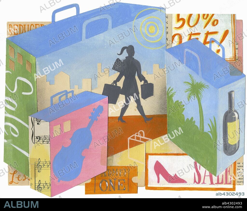 Montage of woman on sales shopping spree with lots of shopping bags.