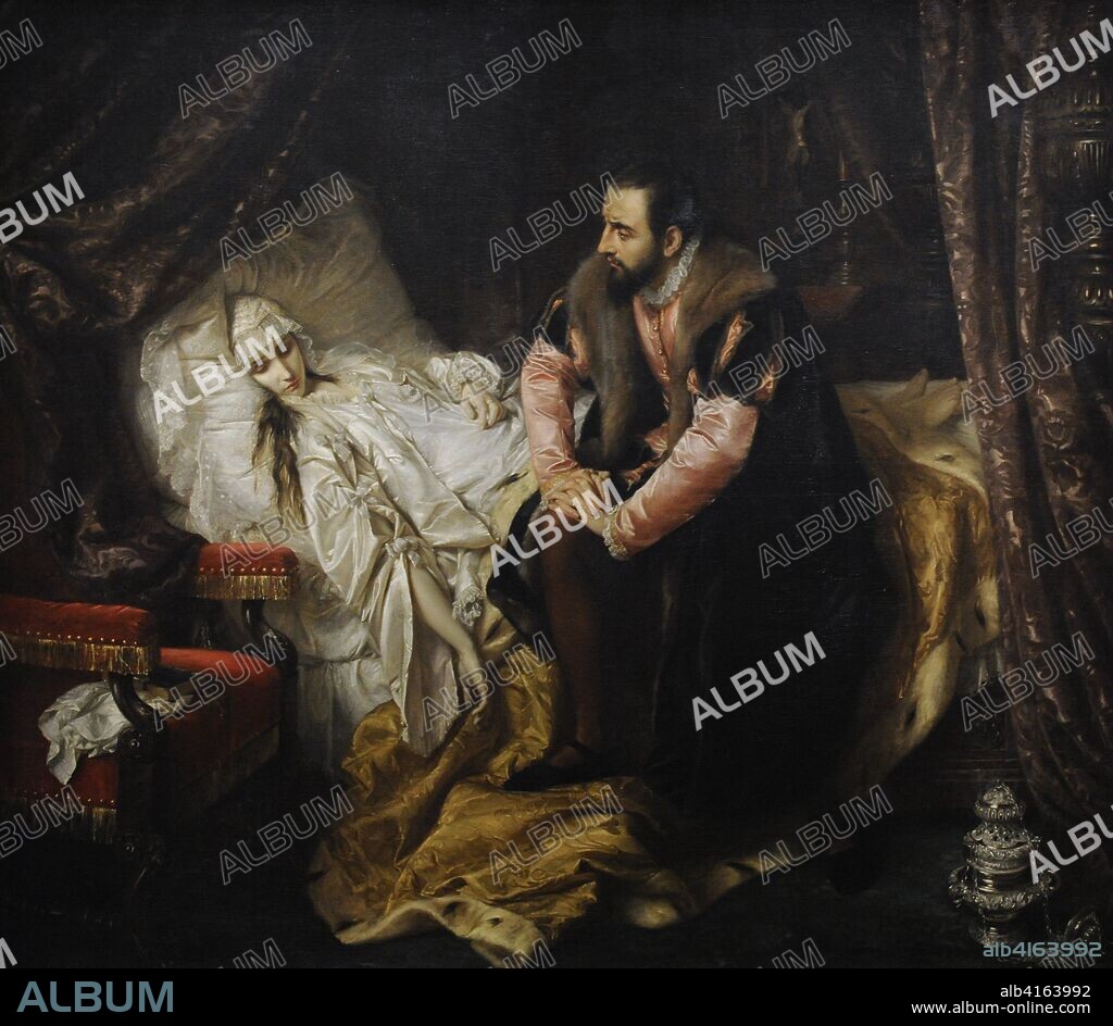 Barbara Radziwill (1520-1551). Queen of Poland. The Death of Barbara Radziwill, 1860, by Jozef Simmler (1823-1868). National Museum. Warsaw. Poland.