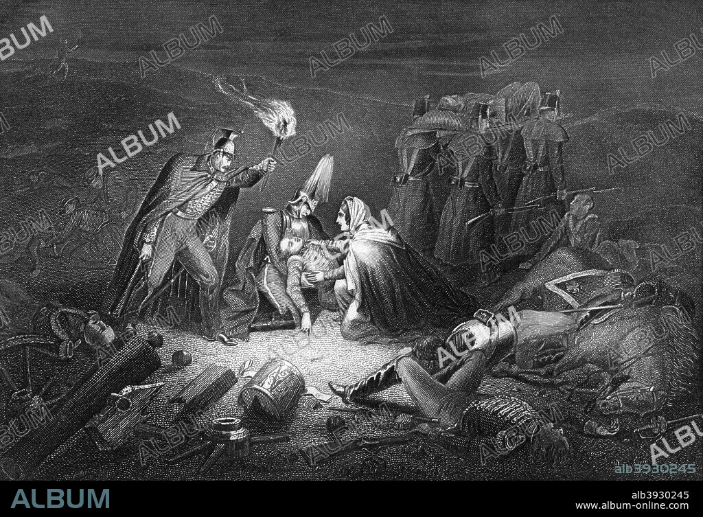 The battlefield of the Alma, night after the battle, 1854 (1857). The Battle of the Alma (September 20, 1854), which is usually considered the first battle of the Crimean War, took place in the vicinity of the River Alma in the Crimea. An Anglo-French force under General St. Arnaud and Lord Raglan defeated General Menshikov's Russian army, which lost around 6000 troops. From England's Battles by Sea and Land, volume IV: Russia and Turkey, by Lieutenant Colonel Williams, Published by The London Printing and Publishing Company (1857).