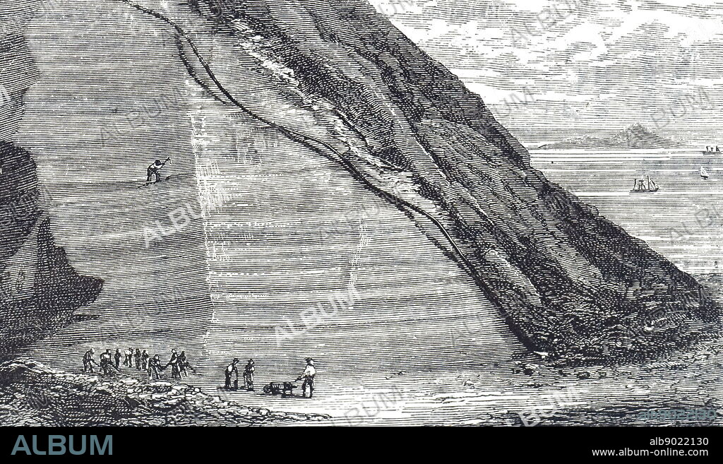 Engraving depicting the digging out of guano in Peru. Guano is the accumulated excrement of seabirds and bats, which is a highly effective fertiliser due to it's high content of nitrogen, phosphate and potassium. Dated 19th century.