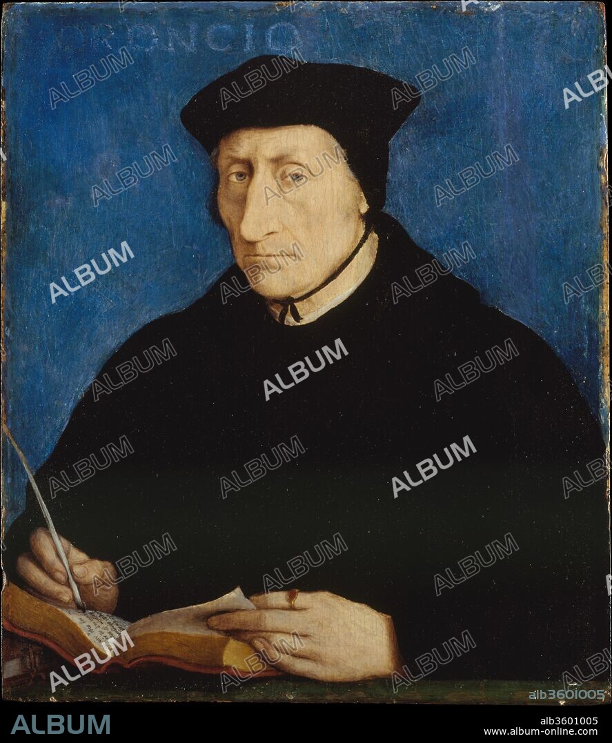Guillaume Budé (1467-1540). Artist: Jean Clouet (French, active by 1516-died 1540/41 Paris). Dimensions: 15 5/8 x 13 1/2 in. (39.7 x 34.3 cm). Date: ca. 1536.
Painter to King Francis I, Jean Clouet played a key role in establishing the Renaissance portraiture tradition in France, yet this is his only extant painted portrait. It depicts Guillaume Budé, librarian to Francis I and the leading humanist of sixteenth-century France. Similar to the sitter in Metsys's <i>Portrait of a Woman</i> (32.100.47), Budé's fingers hold his page, as if interrupted. With the quill in his right hand, he has written in Greek, "While it seems to be good to get what one desires, the greatest good is not to desire what one does not need" (Joannes Stobaeus, 3.5.18).