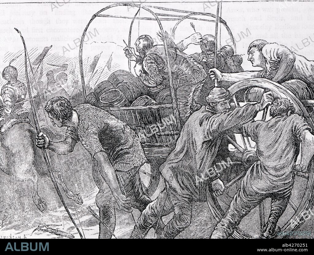 19th century Illustration showing, the Battle of the Herrings, a military action near the town of Rouvray in France, just north of Orleans, which took place on 12 February 1429 during the siege of Orleans. The immediate cause of the battle was an attempt by French forces, led by Charles of Bourbon, Count of Clermont, to intercept and divert a supply convoy headed for English forces.