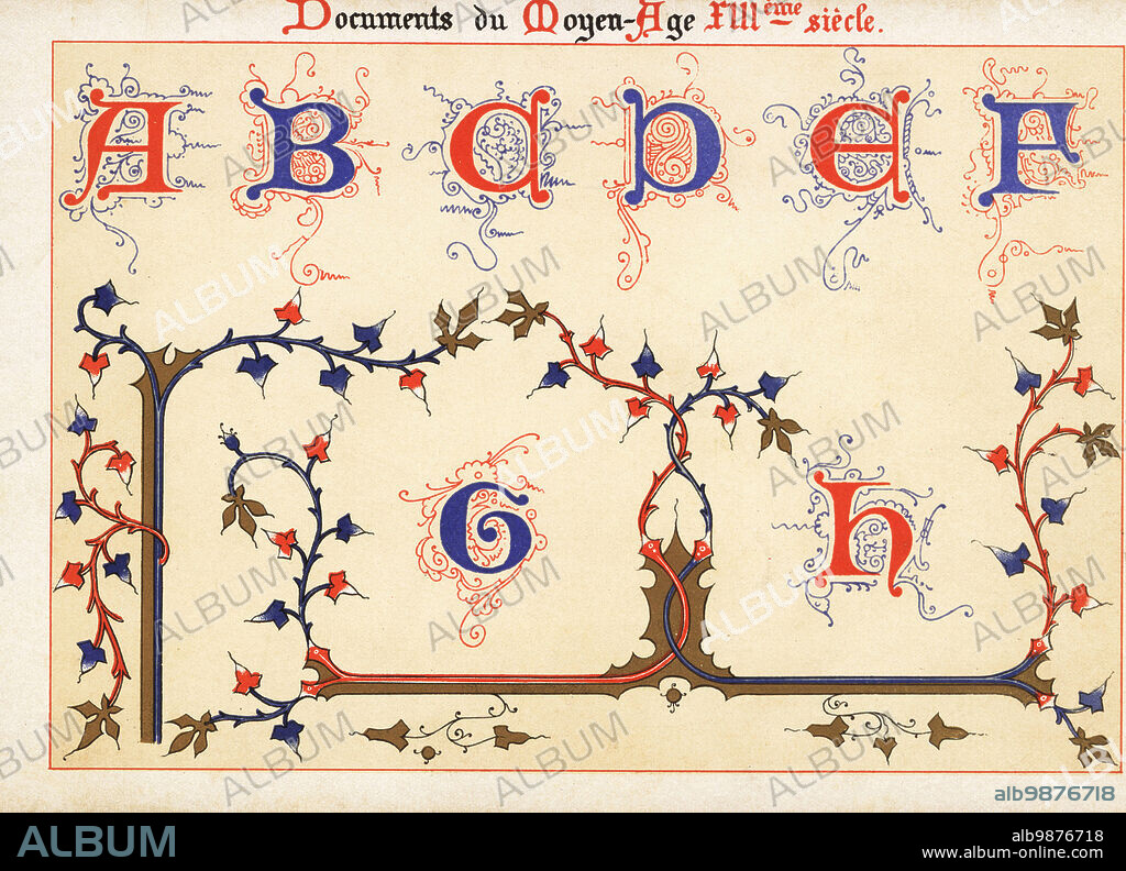 Alphabet of decorative initial letters from A to H, with filigree and foliage, from a 13th century illuminated Latin psalter in the Bibliotheque National, manuscript 10435. Tire du Psautier Latin No. 10435, Bib. Nat. Chromolithograph designed and lithographed by Ernst Guillot from his Ornementation des Manuscrits au Moyen-Age (Ornamentation from Manuscripts of the Middle Ages), Paris, 1897.