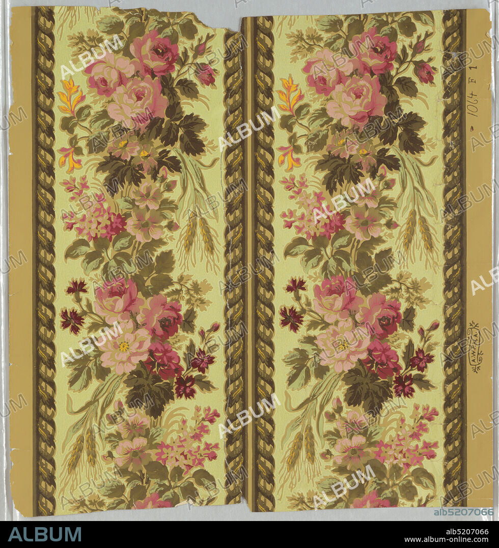 Border, Machine-printed paper, Variety of flowers and wheat shafts forming wavy central band, between narrow band of twisted ribbon. Printed two across on yellow background. Ocher ground., USA, 187987, Wallcoverings, Border.