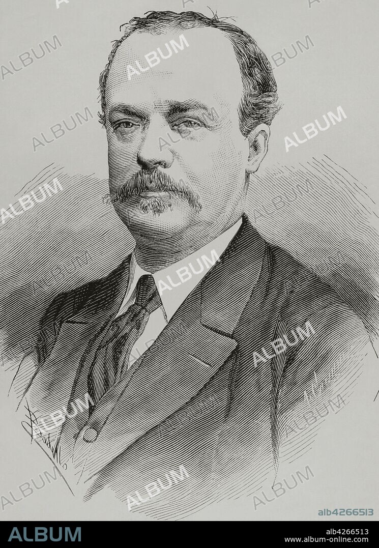 Francisco García Calderón Landa (1834-1905). Jurista, militar, político y diplomático peruano, que llegó a ser Presidente del Perú, de marzo hasta noviembre de 1881, conocido como el Gobierno de La Magdalena, en plena Guerra del Pacífico. Retrato. Dibujo por Badillo. Grabado por Arturo Carretero (m. 1903). La Ilustración Española y Americana,30 de abril de 1881.