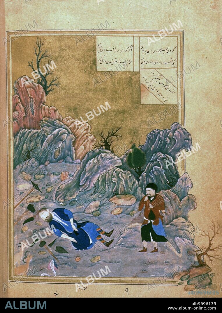 The suicide of Farhad on Mount Bisitun, 1494-1495. A scene from the Persian story of Khusrau and Shirin. A miniature painting from a 15th century manuscript of Nizami's 'Khamsa' ('Five Poems'). (Herat, 1494-1495).