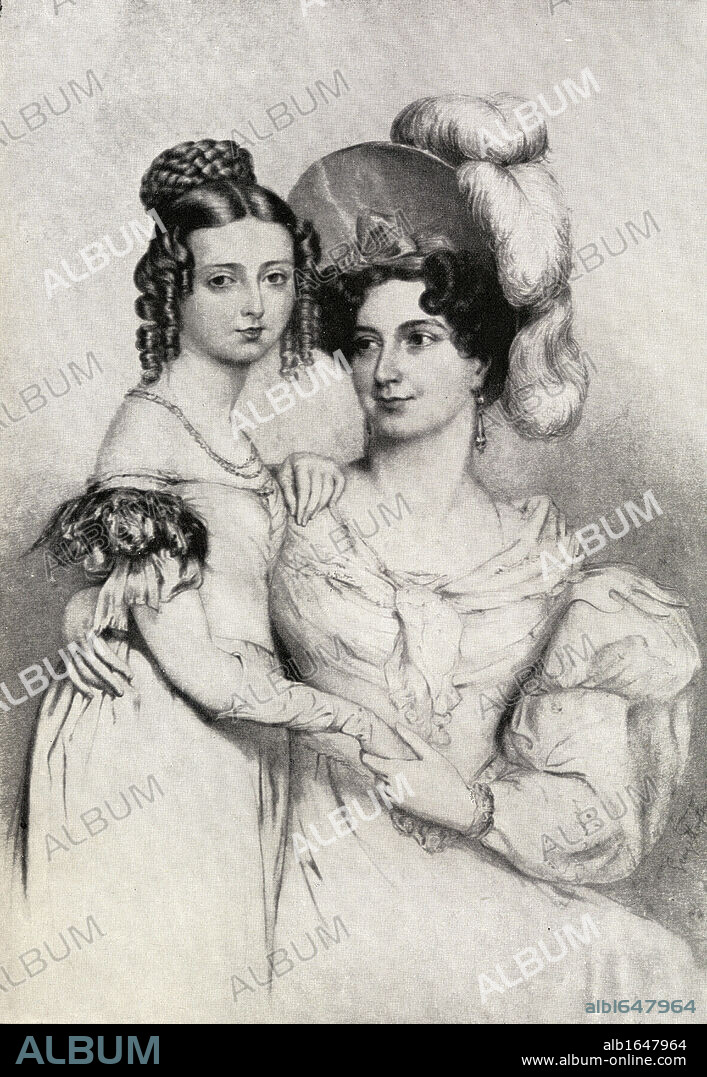 Princess Victoria, 1819-1901 and her mother, Duchess of Kent, 1786-1861 from a drawing by Sir George Hayter in 1834. From the book "V.R.I. Her Life and Empire" by The Marquis of Lorne, K.T. now his grace The Duke of Argyll.