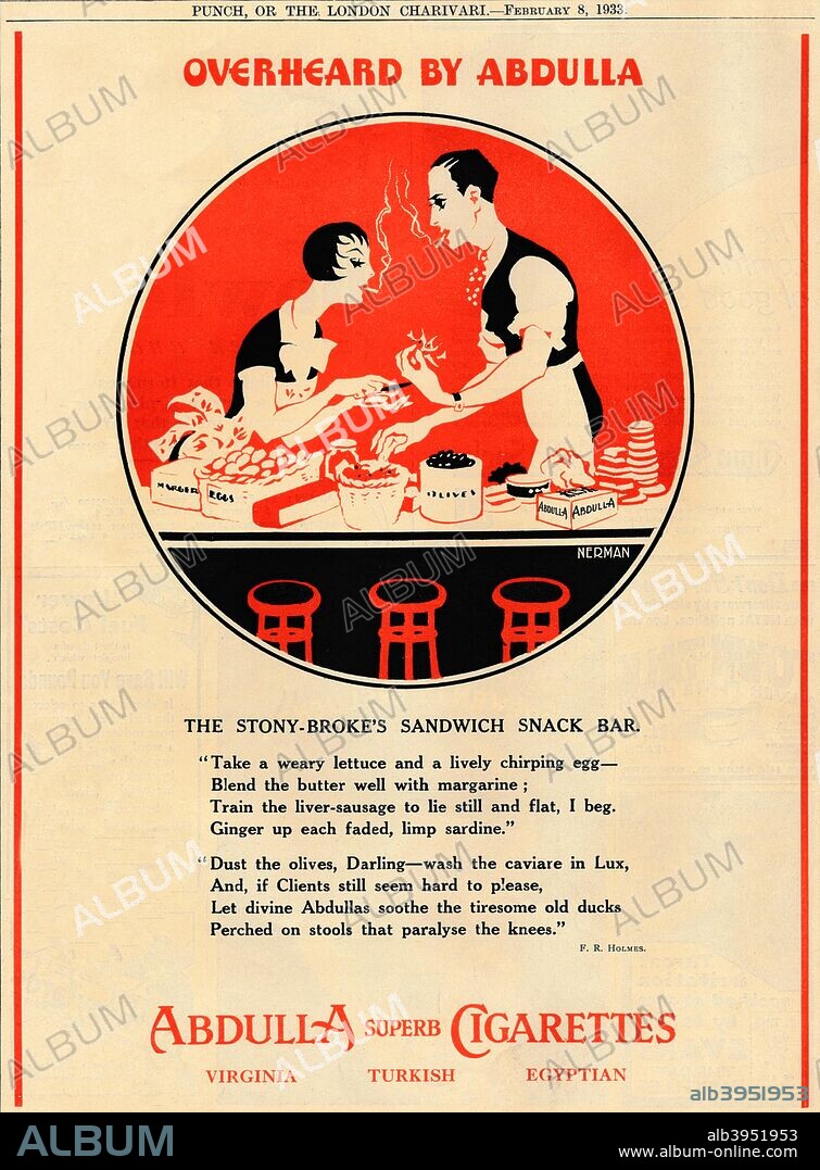 'Overheard by Abdulla - The Stony Broke's Sandwich Snack Bar', 1933. From Punch, or the London Charivari. - February 8, 1933. [Messrs. Bradbury, Agnew & Co., Limited, London, 1933].