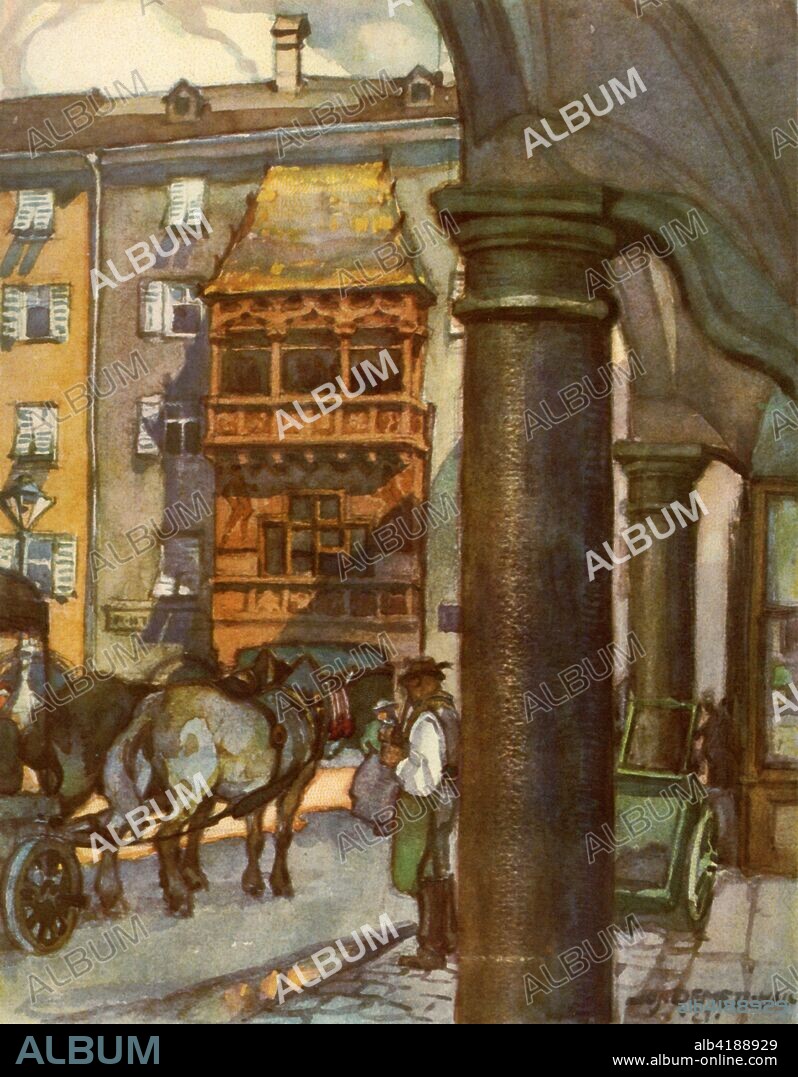 'Das Goldene Dachl', c1929. Goldenes Dachl (Golden Roof) is a landmark structure located in the Old Town (Altstadt) section of Innsbruck. Completed in 1500, the roof was decorated with 2,657 fire-gilded copper tiles for Emperor Maximilian I to mark his wedding to Bianca Maria Sforza.  From "Innsbruck - 12 Aquarelldrucke".  12 views of Innsbruck. Watercolor prints after original paintings by Demetz and Kramer. [Der Wagner'Schen Universitats , Innsbruck, c1929].