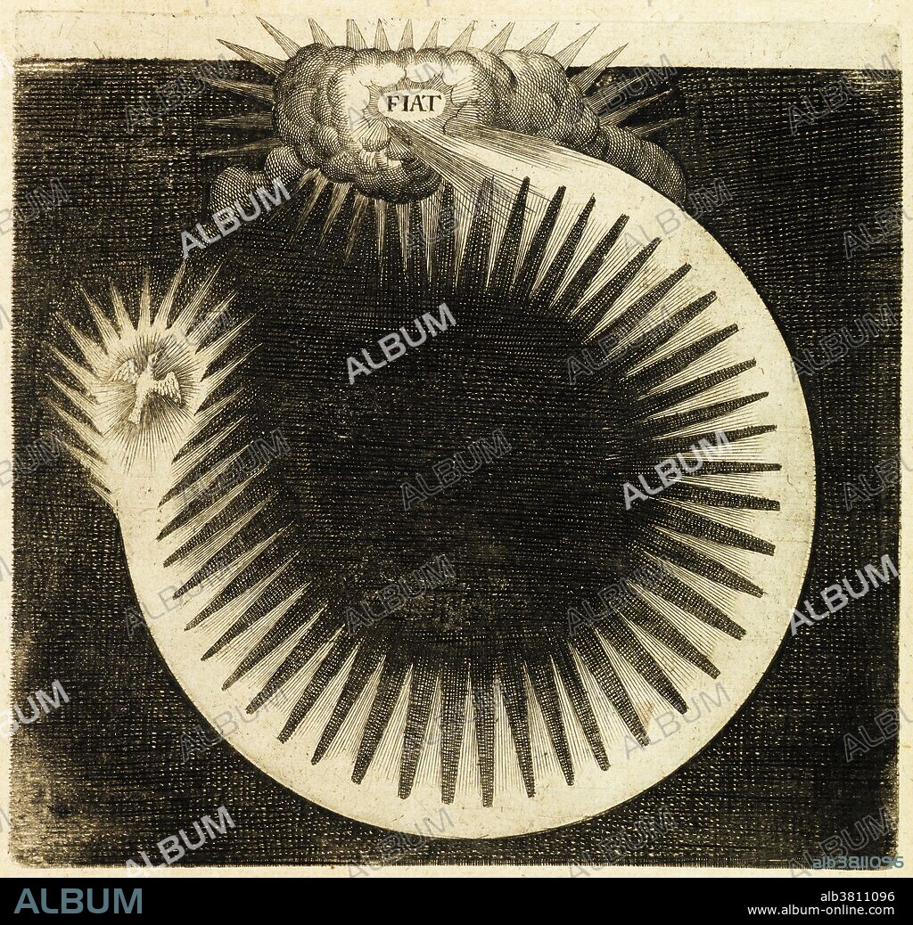 Illustration showing Robert Fludd's "insfiat luxins" creation theory. English physician, astrologer, and mystic Robert Fludd (1574-1637) based his theory on the Latin phrase fiat lux (let there be light), found in the Genesis book of the Judeo-Christian bible. A holy bird flies in a circle from the word insfiatins, and when the circle is completed, light will shine forth. This artwork appears in Fludd's philosophical treatise Utriusque cosmi historia (1617). Cropped version of BZ8089.