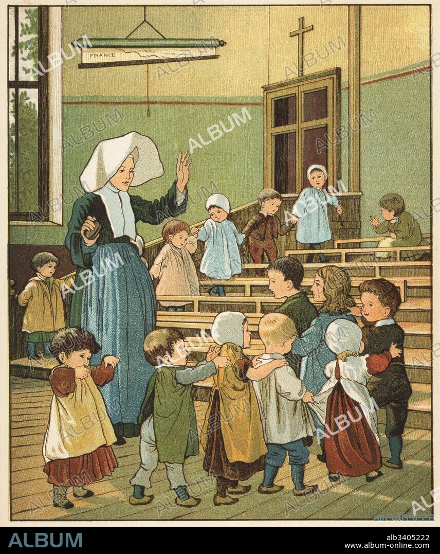 Poor Victorian children at the creche of Sister Rosalie in Rouen. Colour woodblock after an illustration by Thomas Crane and Ellen Houghton from Abroad, Marcus Ward, London, 1882.