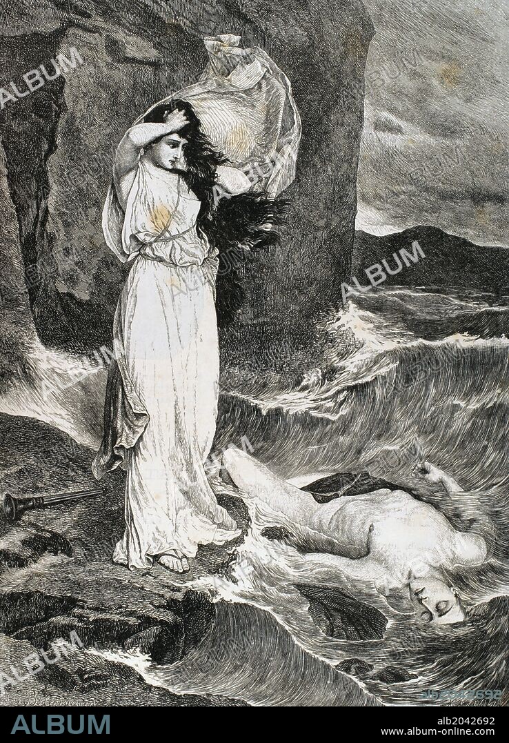 Hero y Leandro es un mito griego acerca de dos desafortunados amantes. Hero era una sacerdotisa de Afrodita. Leandro, un joven de Abidos en el otro lado del estrecho. Se enamoraron. "LEANDRO AHOGADO". Grabado por Walla. "El Mundo Ilustrado", año 1882.