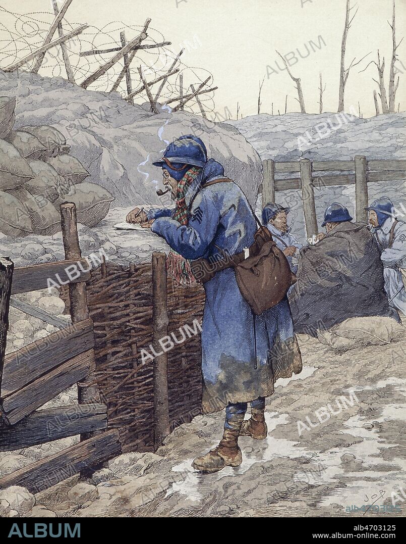 'La lettre a Pepere' (Vieux poilu ecrivant une lettre a l'abri dans une tranchee). Illustration de JOB (1858-1931) tiree de ' Allons enfants de la patrie ', 1920, par Jean RICHEPIN (1849-1926). Credit : Coll. Jonas/KHARBINE-TAPABOR.