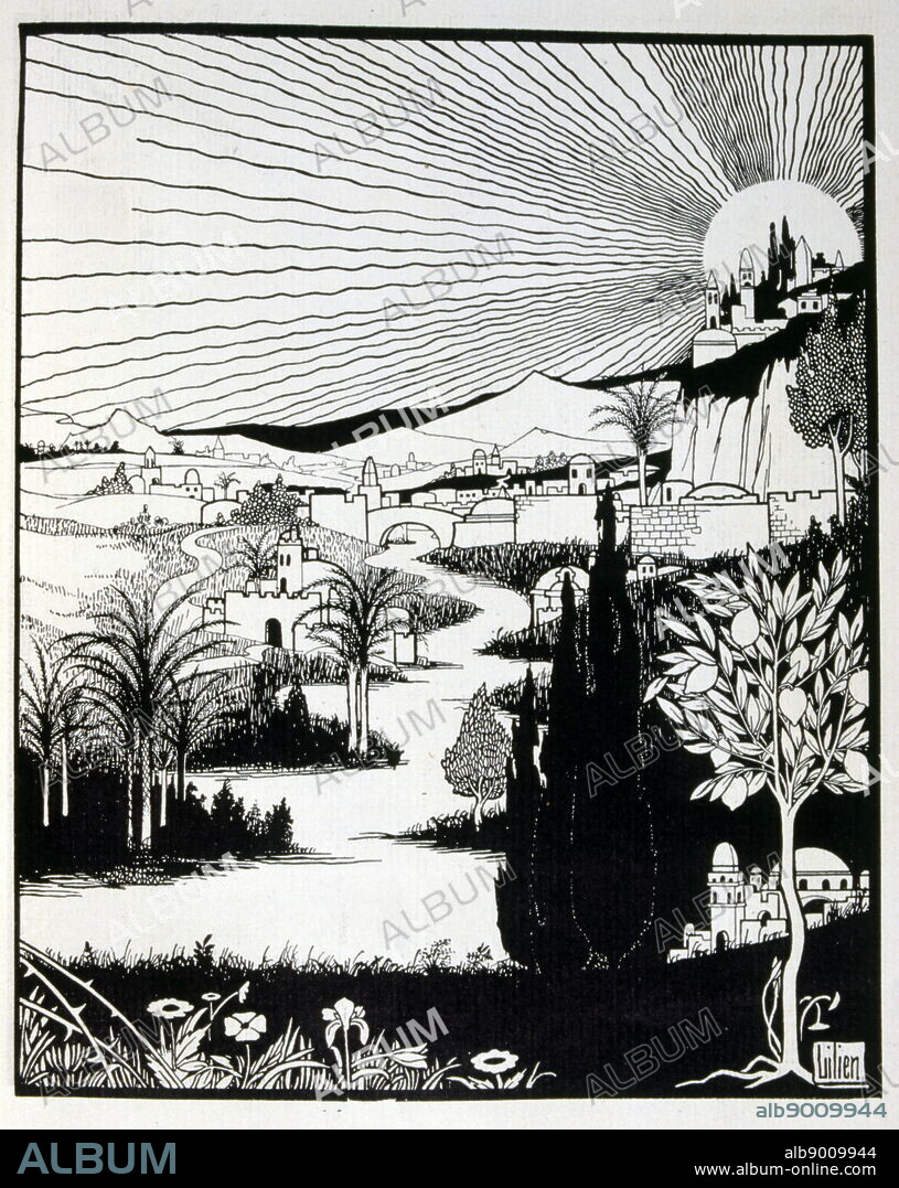 Illustration from Ephraim Moses Lilien 'Lieder des Ghetto' (songs from the ghetto) 1902, by Morris Rosenfeld (Moshe Jacob Alter) (1862 - 1923); Yiddish poet. Ephraim Moses Lilien (1874-1925), art nouveau illustrator and printmaker, noted for his art on Jewish themes. He is sometimes called the "first Zionist artist.